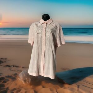 Passion Linen Blend Shirt Womens Pink Floral Crocheted Patterns‎ Medium